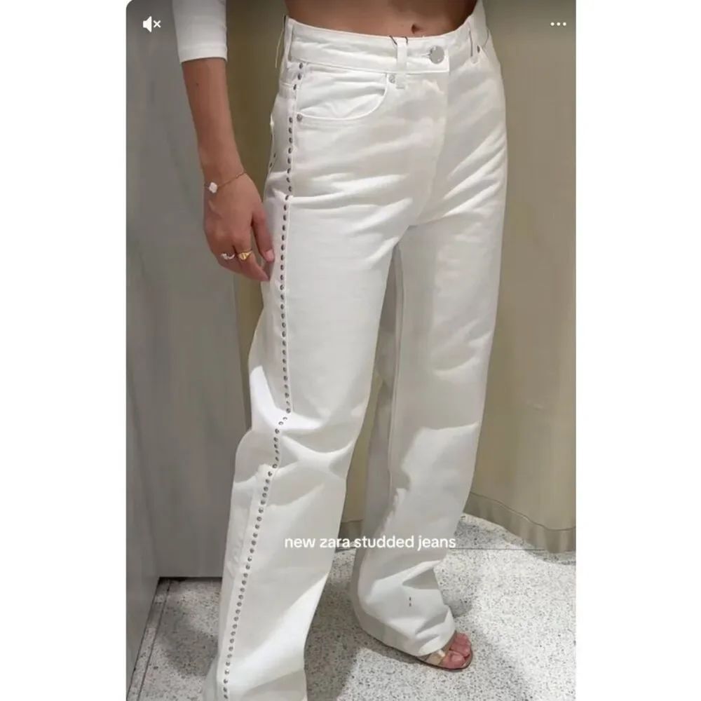 Zara Womens Studded Jeans EU 38 US 6 White Mid Rise Straight Denim 6147/040 NWT